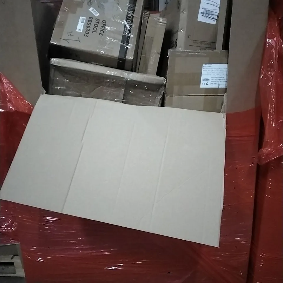 PALLET OF HOUSEHOLD ITEMS TO INCLUDE OFFICE STOOL,TURNTABLE SYSTEM, STEAM CLEANER, DRAWER ORGANISER'S, SEAT CUSHION AND OTHER ASSORTED ITEMS...