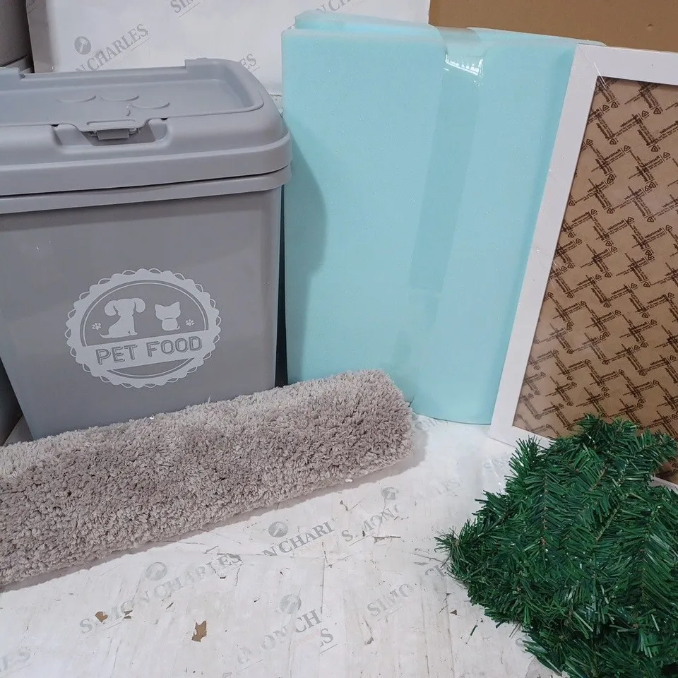 BOX OF APPROX 5 ASSORTED ITEMS TO INCLUDE PET FOOD STOIRAGE BIN, PICTURE FRAME, SEAT PADDING, ETC.