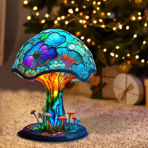BOXED MUSHROOM TABLE LAMP, STAINED RESIN GLASS DESK LAMP NIGHT LIGHT HOME BEDROOM DECORATIONS FOR LIVING ROOM TABLETOP DECORATION