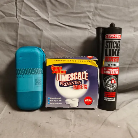 APPROXIMATELY 8 ASSORTED HOUSEHOLD ITEMS TO INCLUDE LIMESCALE PREVENTER TABLETS, FOLDABLE UMBRELLA, ETC