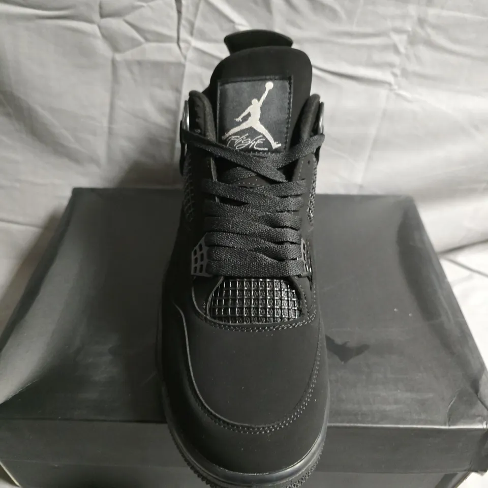 BOXED PAIR OF AIR JORDAN 4 RETRO BLACK SNEAKERS – MEN'S SHOES - UK SIZE 10