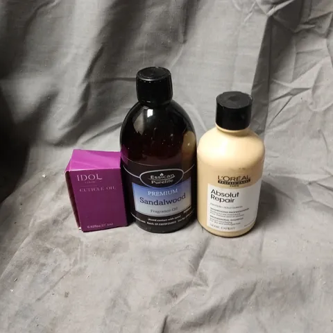 APPROXIMATELY 15 ASSORTED HEALTH AND BEAUTY ITEMS INCLUDING LOREAL ABSOLUT REPAIR PROTEIN AND GOLD QUINOA, ESSICAN PURELIFE SANDALWOOD FRAGRANCE OIL AND IDOL CUTICLE OIL