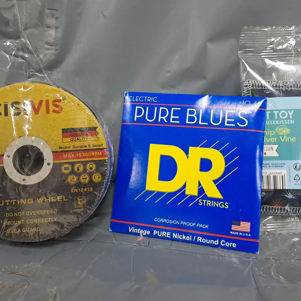 APPROXIMATELY 10 ASSORTED HOUSEHOLD ITEMS TO INCLUDE CUTTING WHEEL, PURE BLUES ELECTRIC GUITAR STRINGS, ETC