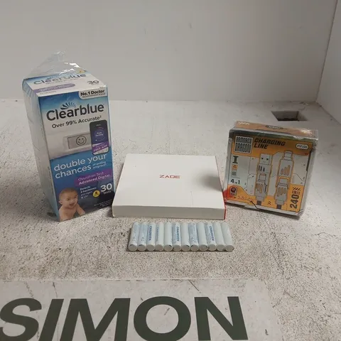 TOTE OF APPROXIMATELY 18 ASSORTED ITEMS TO INCLUDE CLEARBLUE OVULATION TEST, BATTERIES, ARMORED DRAGON CHARGING LINE, ZAQE MP3 PLAYER ETC