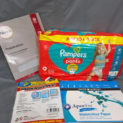APPROXIMATELY 15 ASSORTED HOUSEHOLD ITEMS TO INCLUDE WINDOW INSULATION KIT, SANDPAPER, PAMPERS NAPPY PANTS ETC 