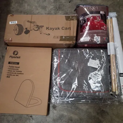 PALLET CONTAINING ASSORTED PRODUCTS INCLUDING KAYAK CART, TOILET SEAT, CLOTH STORAGE BOX, DUVET SET, POOL CUES & DAY AND NIGHT ROLLER BLIND