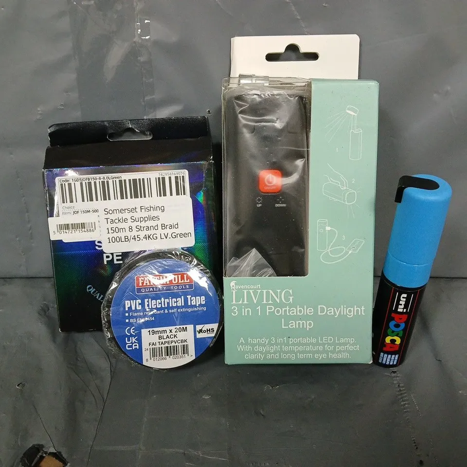 APPROXIMATELY 10 ASSORTED ITEMS TO INCLUDE - LIVING 3 IN 1 PORTABLE DAYLIGHT LAMP , ELECTRICAL PVC TAPE , POSCA LIGHT BLUE ETC