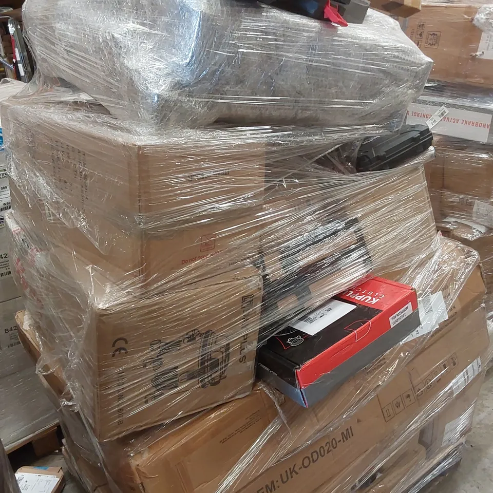 PALLET CONTAINING VARIOUS ASSORTED BOXED HOUSEHOLD ITEMS AND TOOLS TO INCLUDE,  CORDLESS DRILLS, IMPACT WRENCH, CLUTCH KIT, CAR MOUNTED VACUUM 