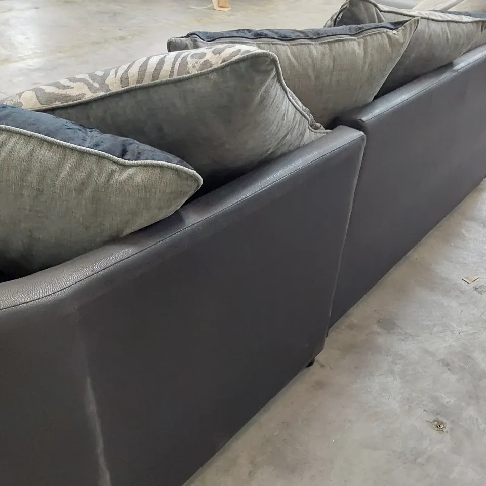 DESIGNER CORNER GROUP WITH SCATTER CUSHIONS BLACK FAUX LEATHER & GREY FABRIC