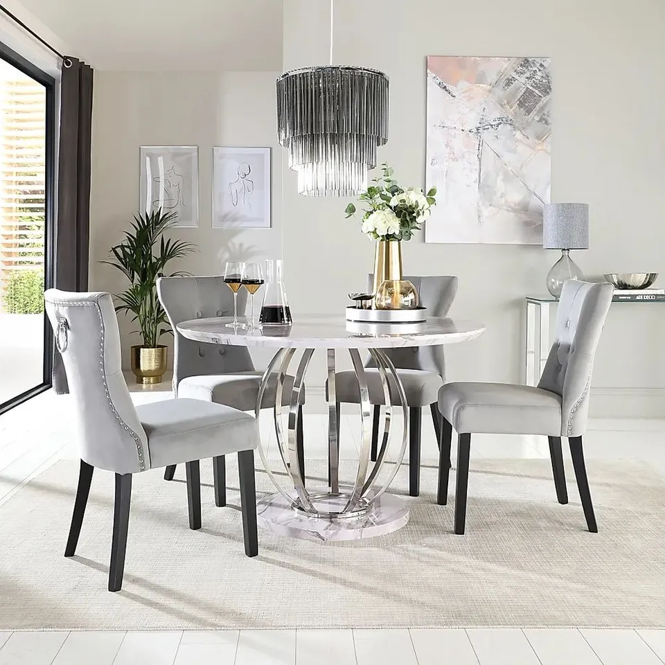 BOXED DESIGNER GLOSS GREY MARBLE SAVOY ROUND DINING TABLE (3 OF 3 BOXES)