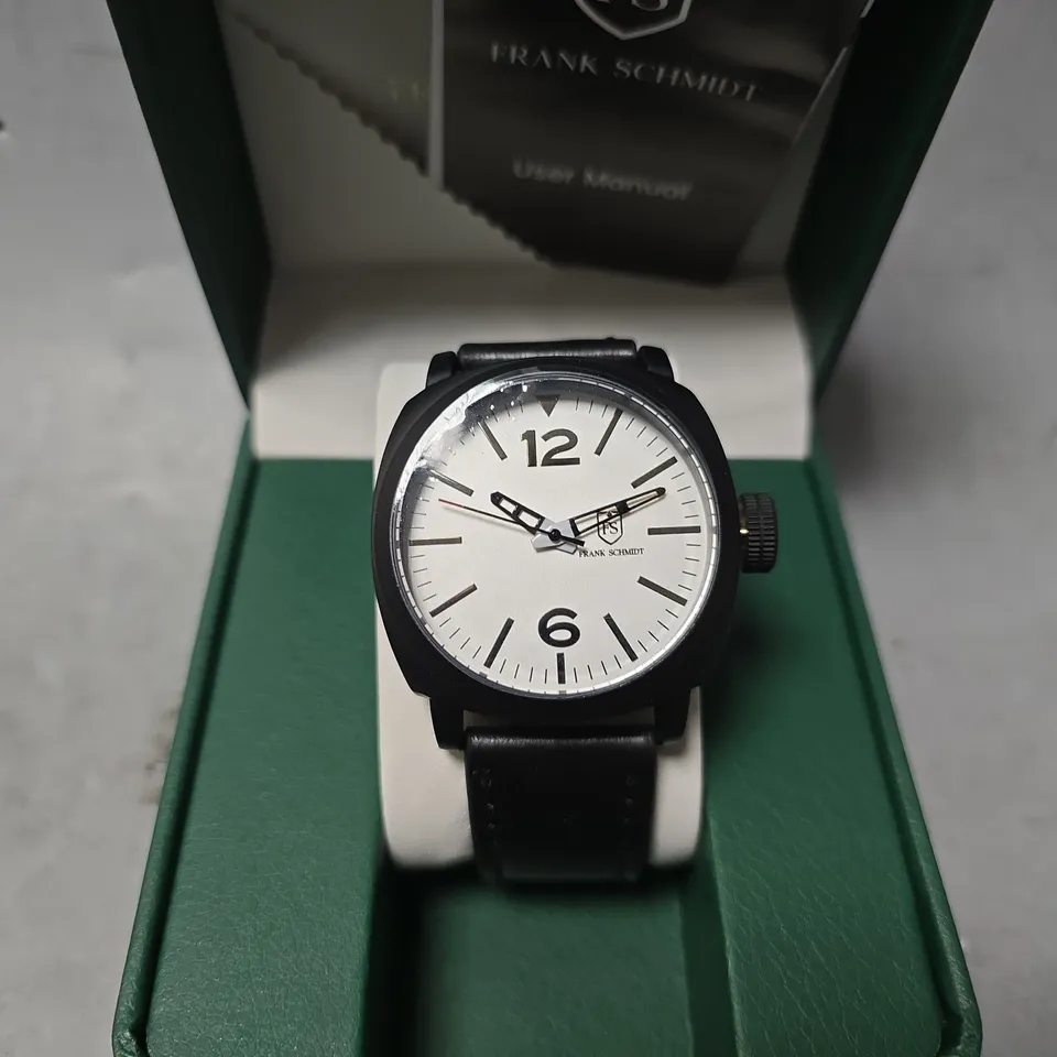 BOXED FRANK SCHMIDT LARGE BLACK CASE WITH PILOT DIAL WATCH