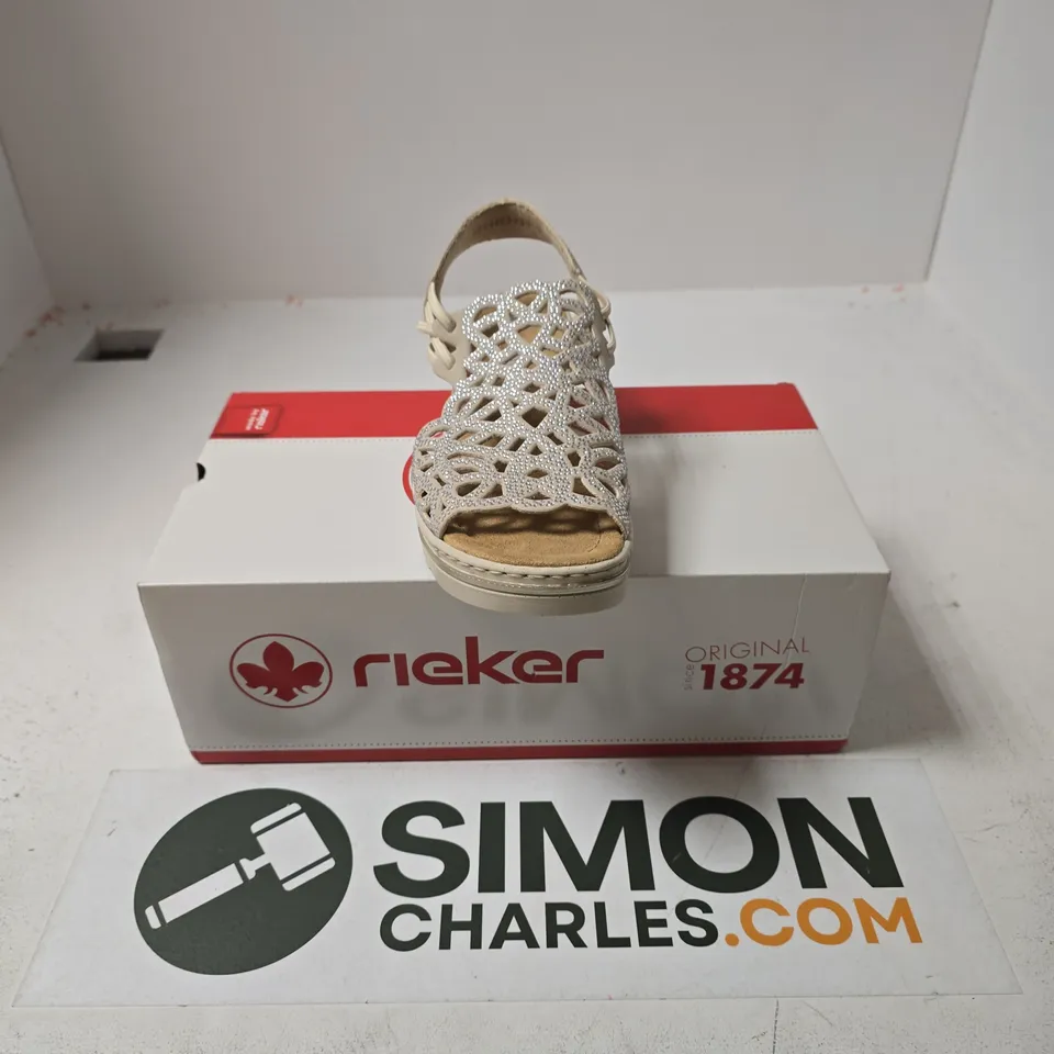 BOXED PAIR OF RIEKER WOMEN'S 67465 WEDGE SANDALS IN BEIGE - UK 3.5