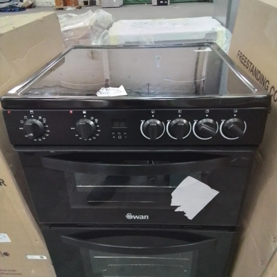 BOXED SWAN SX16730B 60CM WIDE DOUBLE OVEN ELECTRIC COOKER WITH CERAMIC HOB - BLACK