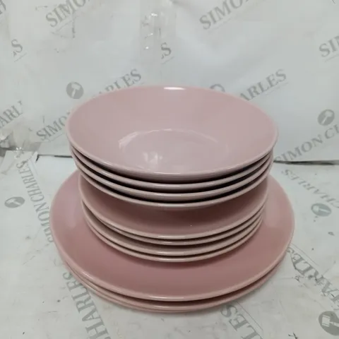 BRAND NEW BOXED CESIRO 12 PIECE PORCELAIN DINNERWARE SET IN GLOSSY PINK TO INCLUDE LARGE PLATES, SMALL PLATES AND BOWLS - COLLECTION ONLY