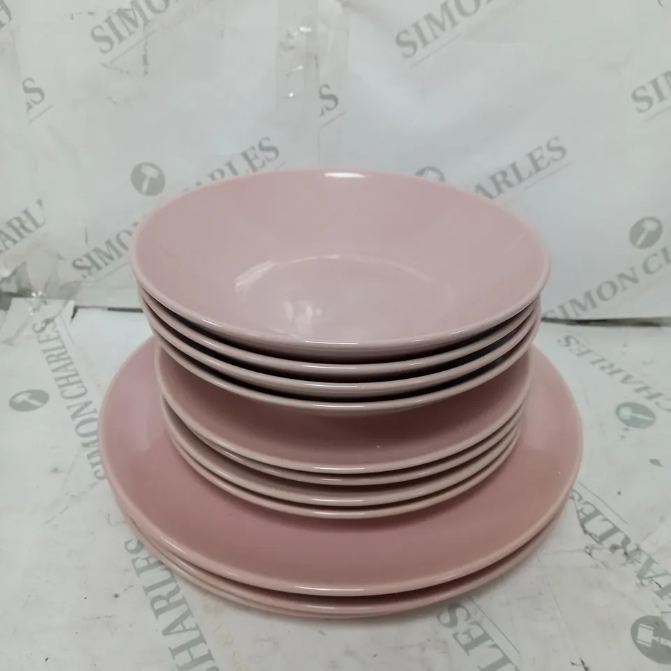 BRAND NEW BOXED CESIRO 12 PIECE PORCELAIN DINNERWARE SET IN GLOSSY PINK TO INCLUDE LARGE PLATES, SMALL PLATES AND BOWLS - COLLECTION ONLY