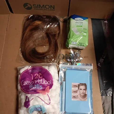 APPROXIMATELY 15 ASSORTED HEALTH & BEAUTY PRODUCTS TO INCLUDE ASSORTED WIGS, TENA LADY, HAIR CLIP, EYELASH KIT & COTTON BALLS 