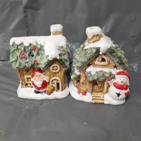 FESTIVE SET OF 2 LIT CERAMIC SANTA/SNOWMAN HOUSE CHRISTMAS DECORATIONS