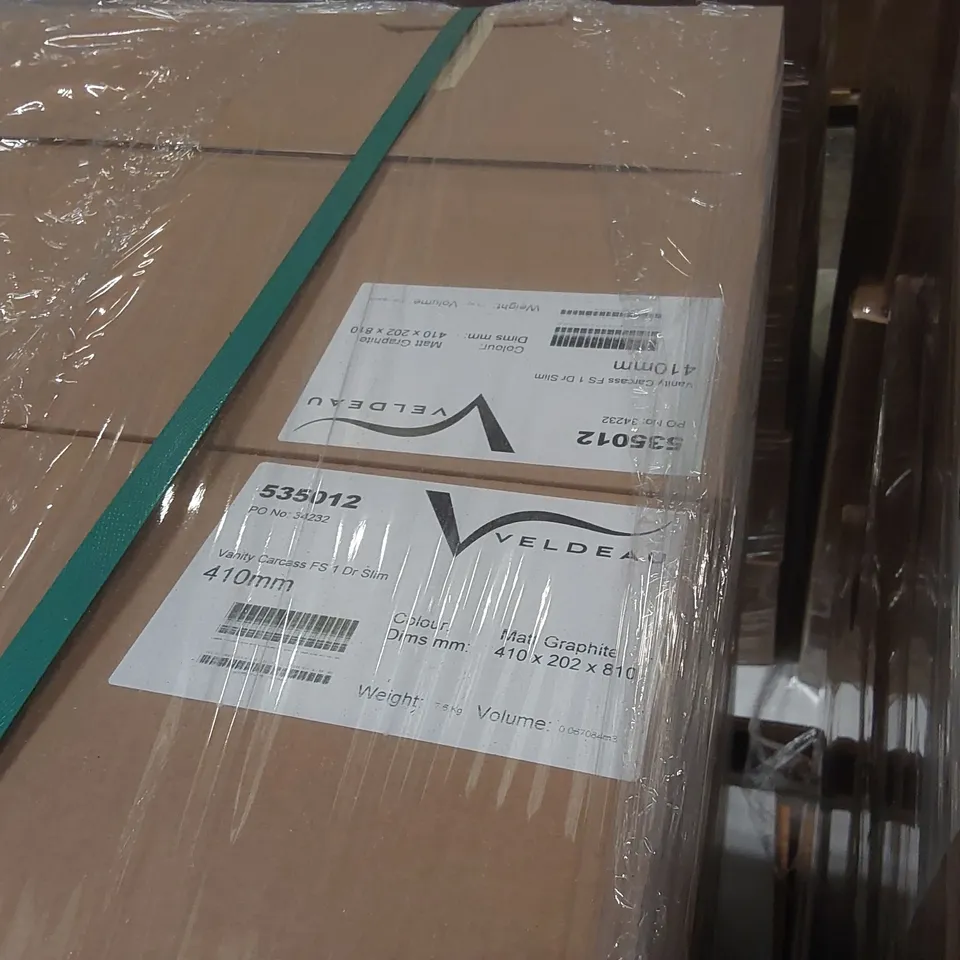 PALLET CONTAINING A LARGE QUANTITY OF ASSORTED BATHROOM FURNITURE PARTS INCLUDING: VELDEAU VANITY CARCASSES ECT