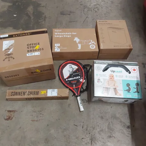 PALLET OF ASSORTED ITEMS INCLUDING: OFFICE STOOL, SMART AIR PURIFIER, DOG WHEELCHAIR, PARASOL, HEAD JUNIOR TENNIS RACKET ECT