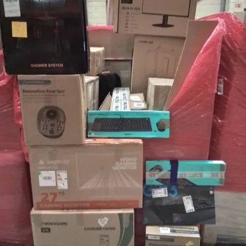 PALLET CONTAINING VARIOUS ASSORTED HOUSEHOLD ITEMS TO INCLUDE: FOOT SPA'S, COOKER HOOD, PC MONITORS, SHOWER SYSTEM, MUSIC TURNTABLE AND LOTS MORE UNMARKED BOXED ITEMS 