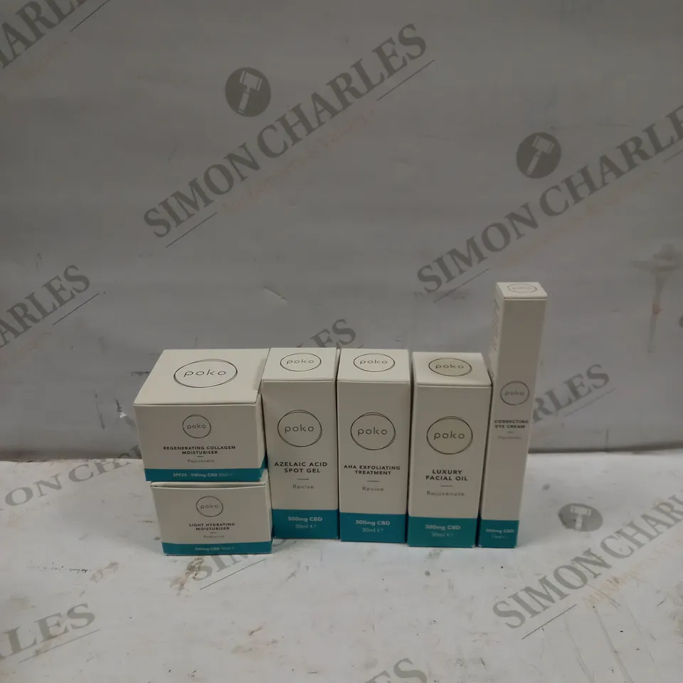 LOT TO CONTAIN 6 X POKO SKINCARE PRODUCTS, INCLUDES MOISTURISER, SPOT TREATMENT, EXFOLIATING TREATMENT, FACIAL OIL & EYE CREAM