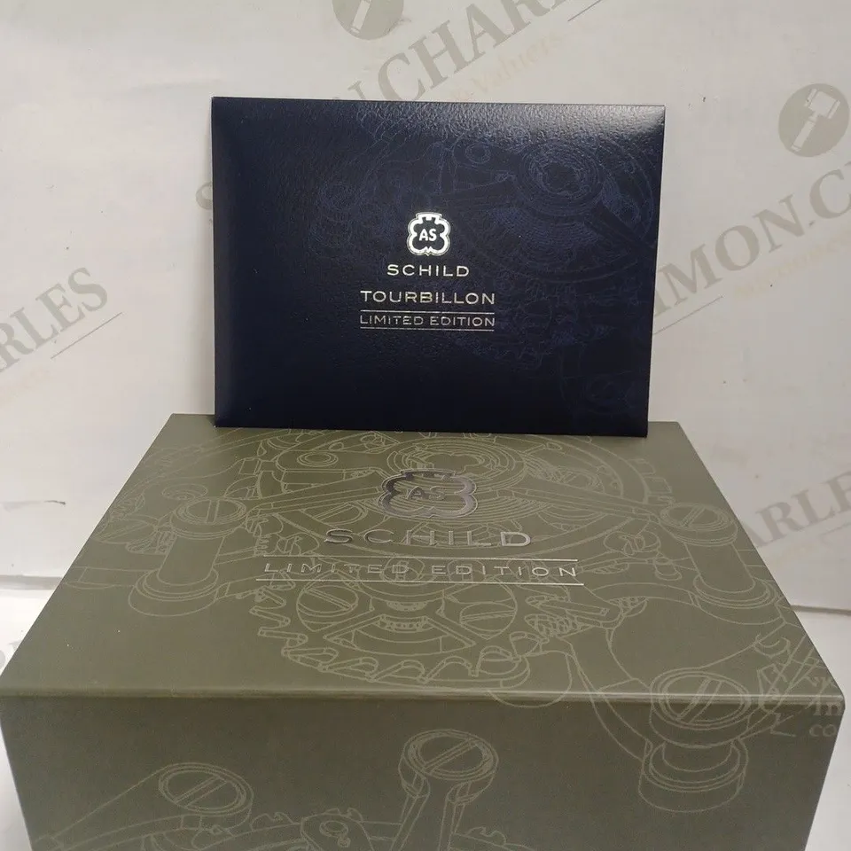 BOXED SCHILD LIMITED EDITION WATCH - SAPPHIRE CRYSTAL - ALL STAINLESS STEEL, LEATHER STRAP - SKELETON FACE - WATER RESISTANT 10 ATM - TOURBILLON. 