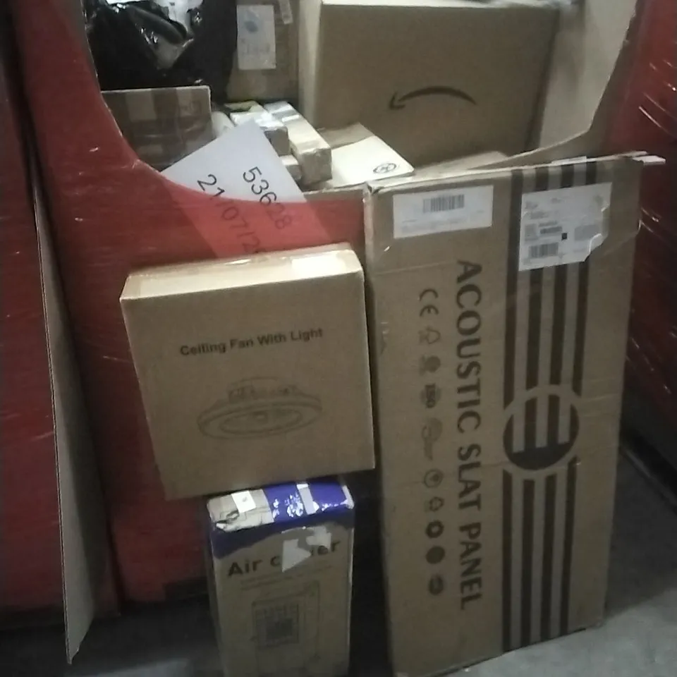 PALLET OF ASSORTED HOUSEHOLD GOODS AND PRODUCTS TO INCLUDE; CEILING FAN WITH LIGHT, AIR CONDITIONER, ACOUSTIC SLAT PANEL, BOXED FURNITURE ETC