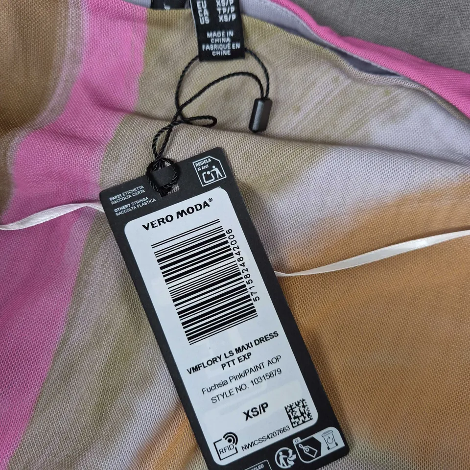 Vero Moda Women's Maxi Dress – Pink/Beige Abstract Print, XS (EU XS / US XS) 