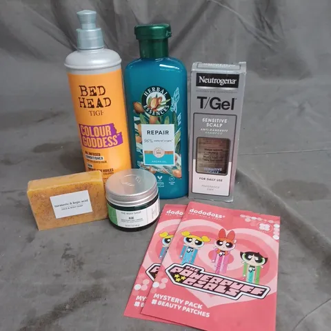 APPROXIMATEY 20 HEALTH AND BEAUTY PRODUCTS TO INCLUDE T-GEL SENSITIVE SCALP SHAMPOO, THE BODY SHOP DAY CREAM AND THE POWERPUFF GIRLS BEAUTY PATCHES