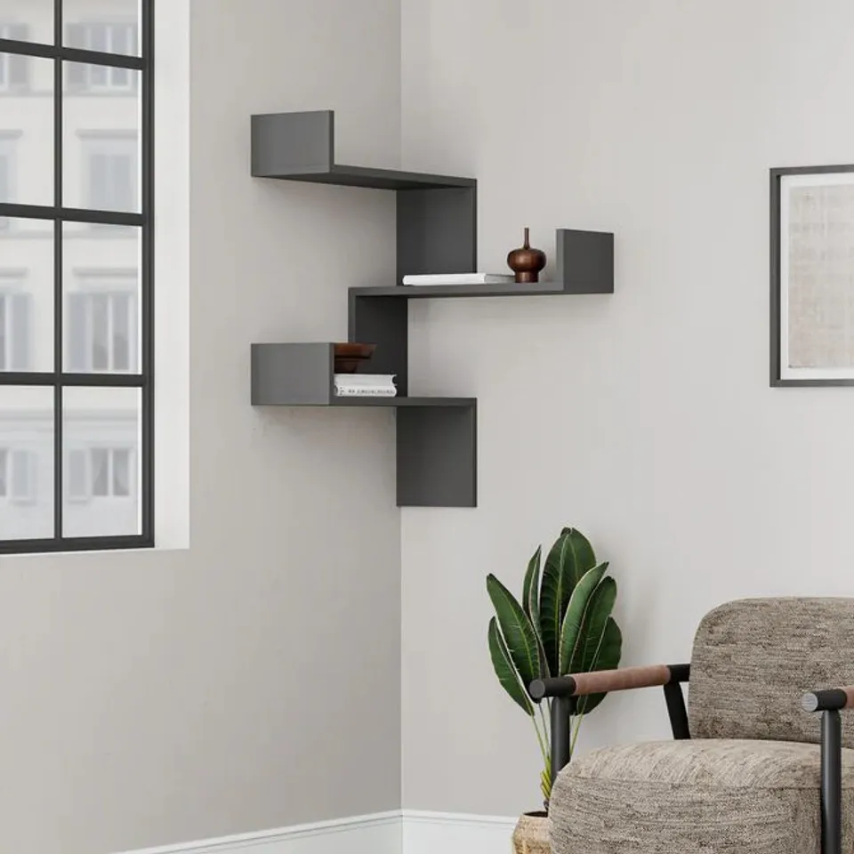 BOXED LUKSA CORNER WALL MOUNTED MODERN BOOKCASE DISPLAY UNIT MEDIUM W 60CM IN GREY