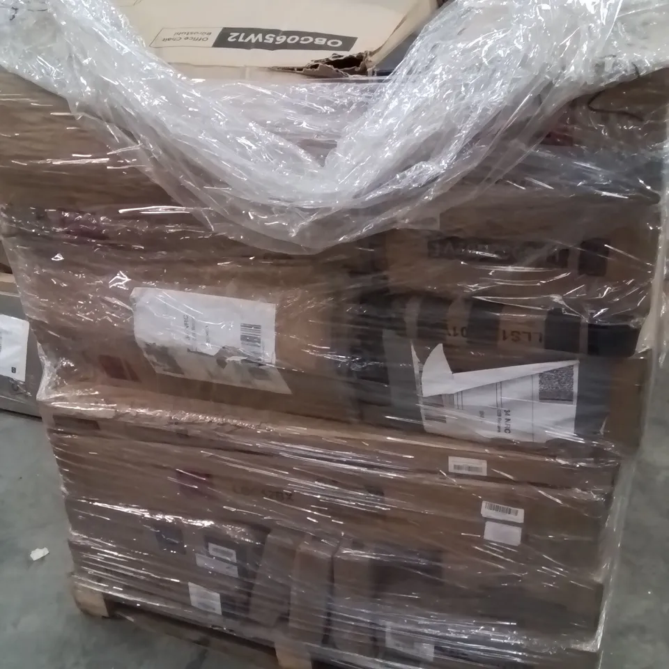 PALLET CONTAINING VARIOUS ASSORTED BOXED ITEMS TO INCLUDE: OFFICE CHAIR, BOOKCASE, OFFICE CHAIR, CORNER SHELVING BRACKETS ECT.