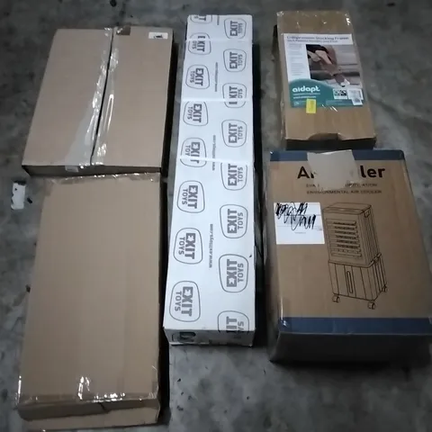 PALLET OF HOUSEHOLD ITEMS TO INCLUDE AIR COOLER, COMPRESSION STOCKING FRAME MULTI SPORT COURT 3000, PIZZA TOOLS, ALPHABET CHILDREN'S CANVAS ART AND OTHER ASSORTED ITEMS...