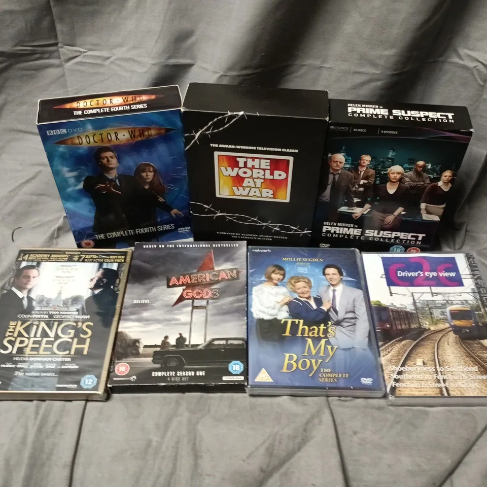 APPROXIMATELY 12 ASSORTED DVDS TO INCLUDE PRIME SUSPECT COMPLETE COLLECTION, DOCTOR WHO COMPLETE FOURTH SERIES, THE KINGS SPEECH, ETC