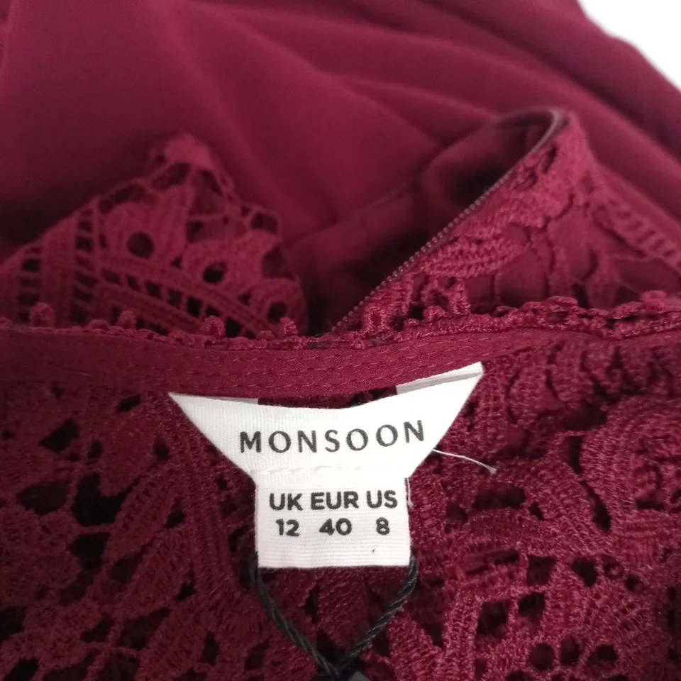 MONSOON BURGUNDY LACE DRESS – UK 12 (EU 40, US 8)