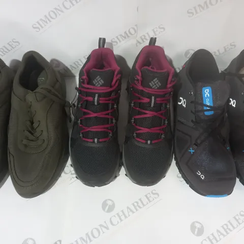 BOX OF APPROXIMATELY 15 ASSORTED PAIRS OF SHOES AND FOOTWEAR ITEMS IN VARIOUS STYLES AND SIZES TO INCLUDE COLUMBIA, PRIMARK, ON, ETC