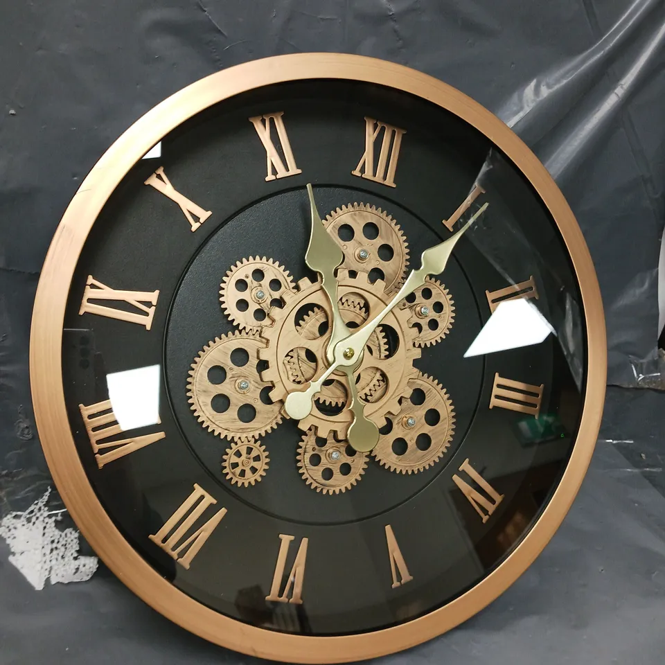 LARGE VINTAGE TURNING GEARS WALL CLOCK WITH LARGE ROMAN NUMERALS