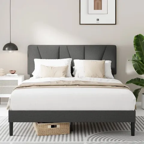 BOXED BEDA UPHOLSTERED MODERN BED FRAME WITH WOODEN SLATES DOUBLE