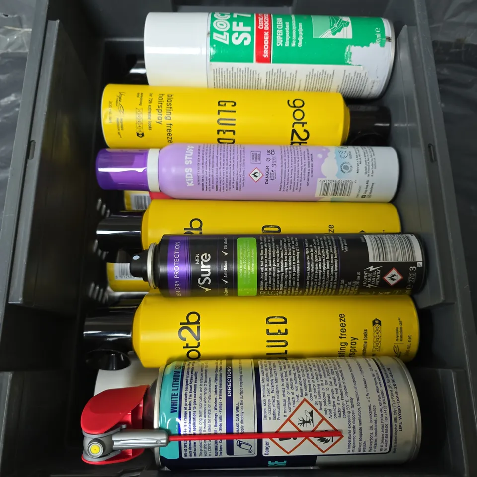 APPROXIMATELY 10 ASSORTED AEROSOLS TO INCLUDE SURE SPRAY , WD40 , HAIRSPRAY , ETC 