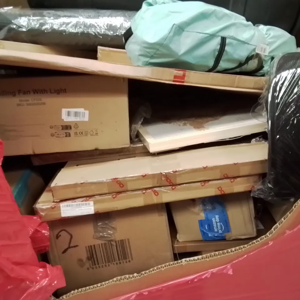 PALLET CONTAINING VARIOUS ASSORTED BOXED HOUSEHOLD ITEMS TO INCLUDE: CAMPING CHAIRS, PICTURE FRAME SET, CEILING FANS WITH LIGHTS, WATER BUTT, WORLD CORK BOARD AND LOTS MORE UNMARKED BOXED ITEMS 