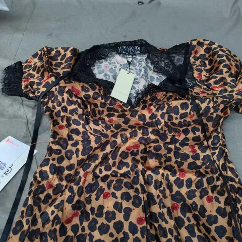 NEVER FULLY DRESSED CHERRY LEOPARD MINI LYLA DRESS – BROWN LEOPARD PRINT, UK 10 (EU 38)