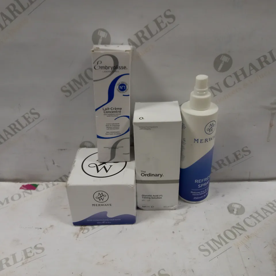 LOT OF 4 COSMETICS PRODUCTS TO INCLUDE MERWAVE REFRESH SPRAY, MERWAVE HAIR MASK, THE ORDINARY GLYCOLIC ACID 7% TONING SOLUTION, EMBRYOLISSE CONCENTRATED MILK CREAM 75ML 