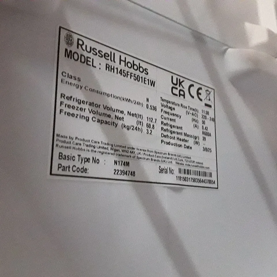 BOXED RUSSELL HOBBS RH145FF501E1W FREESTANDING LOW FROST FRIDGE FREEZER
