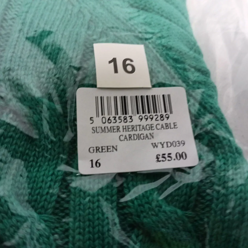 BAGGED CREW CLOTHING COMPANY SUMMER HERITAGE CABLE KNIT CARDIGAN – WOMEN'S, GREEN, UK SIZE 16