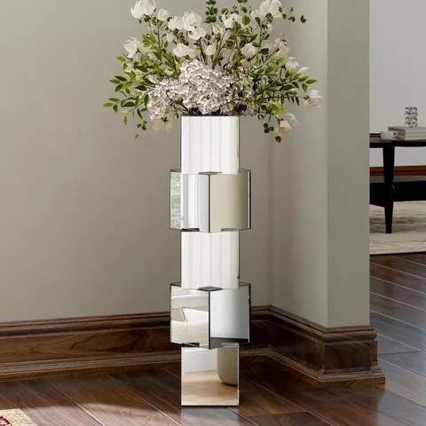 BOXED SHYFOY SILVER MIRRORED FLOOR VASE WITH GEOMETRIC STACKED SQUARE DESIGN, 70.8 CM TALL DECORATIVE GLASS VASE FOR LIVING ROOM ENTRYWAY