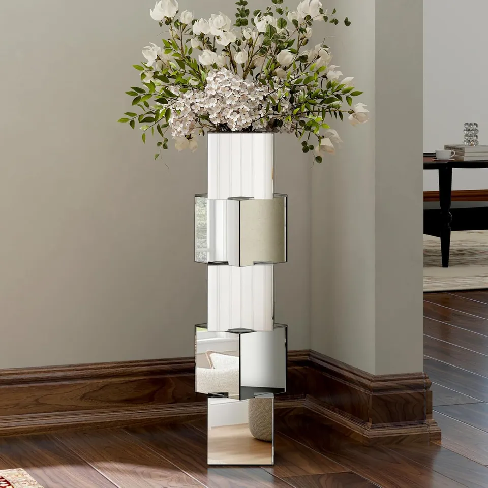 BOXED SHYFOY SILVER MIRRORED FLOOR VASE WITH GEOMETRIC STACKED SQUARE DESIGN, 70.8 CM TALL DECORATIVE GLASS VASE FOR LIVING ROOM ENTRYWAY