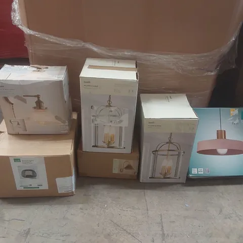PALLET CONTAINING A VERY LARGE QUANTITY OF ASSORTED DESIGNER LIGHTING PRODUCTS INCLUDING: HURRICANE PENDANTS, LOGAN WALL LIGHT, PENDANT SHADE ECT