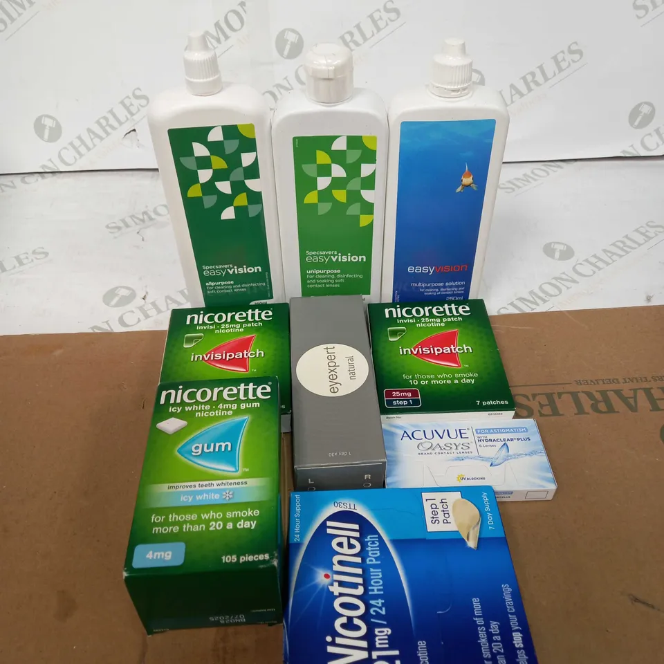 BOX OF ASSORTED MEDICAL APPLIANCES TOO INCLUDE NICORETTE PATCHES , EYE LENSES AND EYE DROPS 