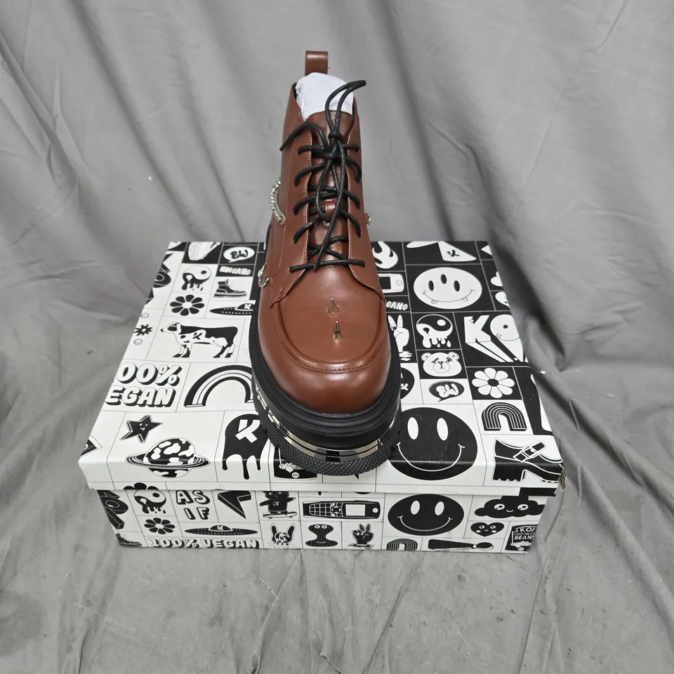 BOXED PAIR OF KOI THE SILENCE PLATFORM GRUNGE BOOTS IN BROWN - UK 10