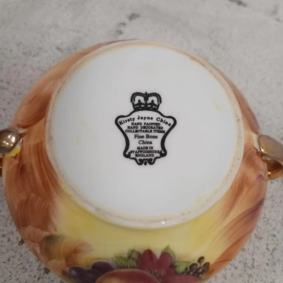 KIRSTY JAYNE CHINA HAND-PAINTED FRUIT PATTERN SUGAR POT WITH LID & CREAMER – FINE BONE CHINA