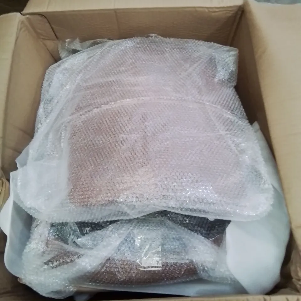 A BOXED PAIR OF LEATHER LOOK FABRIC UPHOLSTERED BROWN DINING ROOM CHAIRS 